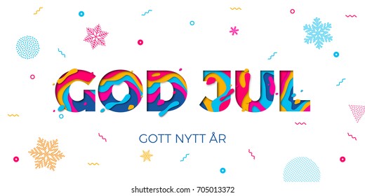 God Jul Merry Christmas and Gott Nytt Ar Happy New Year Swedish holiday greeting card white background. Winter snowflakes pattern on vector paper cut multi color layers text carving poster