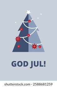 God Jul! Simple Christmas-themed greeting card in blue colors, with a decorated fir tree and Poinsettia flowers.