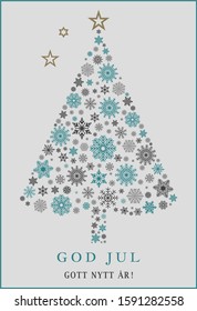 God Jul tree vector with snowflakes, stars and Gott Nytt Ar swedish greetings.
Translation Swedish to English: God Jul is Merry Christmas, Gott Nytt Ar is Happy New Year.
On grey background.