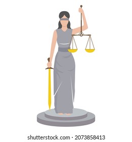 God of justice Themis. Femida with scales and sword. Symbol of law and justice. Flat icon vector illustration.