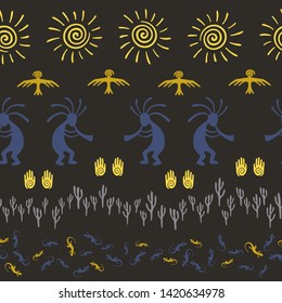 God Kokopelli fertility deity, hand palm, eagle bird, lizard, sun and cacti seamless pattern. Native Americans or african ethnic motifs, spirit of music and fertility Kokopelli with flute.