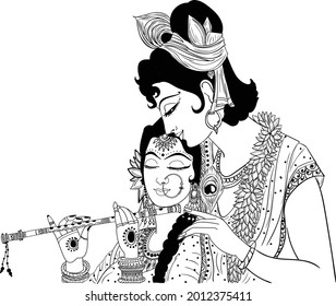 God Krishna and his beloved Radha stand gently embracing, with a flute in their hands. Sketch black line on a white background