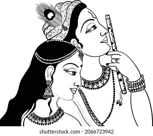 God Krishna and his beloved Radha stand gently embracing, with a flute in their hands. Sketch black line on a white background