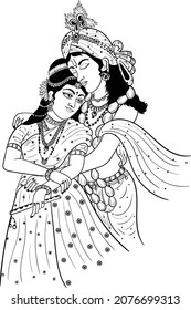 God Krishna and his beloved Radha stand gently embracing, with a flute in their hands. Sketch black line on a white background