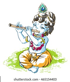 God Krishna Janmashtami. Boy shepherd playing flute. Vector cartoon illustration