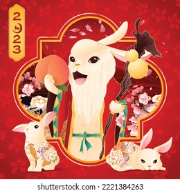 The god of Longevity (Shou), The chinese lucky god, Happy chinese new year 2023, Year of the Rabbit, Rabbit Illustration. 