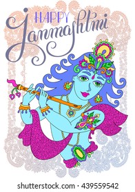 god lord Krishna with hand lettering inscription happy janmashtmi for indian festival, vector illustration