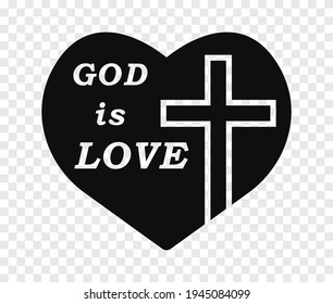 God is love. Christian cross and silhouette of heart. Christian cross sign, red heart isolated on transparent background. Symbol of christian love. Vector illustration EPS 10