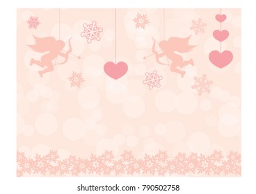 The god of love 'Cupids" and decorated hearts hanging with snow flakes on white bokeh balls and pink background. All in vector design and sweet pink tone color.