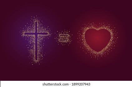 God Is Love greeting card. Cross equals heart shape creative logo. Religious christian banner concept. Golden symbol in shiny glittering style. Isolated abstract graphic design template. Gold dust.