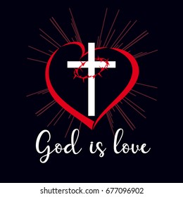 God is love inscription emblem. Bible vector lettering John 4:8 "God is love" typographic and cross in heart shape on beams