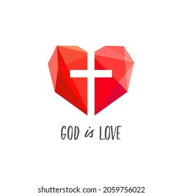 God is love symbol. 3D stained-glass arts style heart and Jesus cross. Creative lovely geometric icon concept. Religious modern sign. Red ruby or diamond shiny heart. Isolated abstract design template