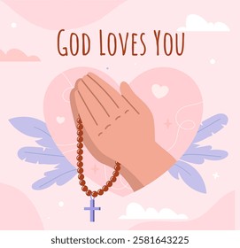 God loves you poster. Hands with red rosary with cross. Religion and belief, faith. Christianity and Catholicism. Religious quote. Cover or banner. Flat vector illustration