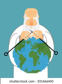 God Making Earth. Knitting World. Establishment of wool on planet. Grandfather with beard holds ground.