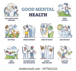 God mental health recommendations and daily advices outline collection set. Psychological wellness balance and everyday tasks to avoid stress and anxiety vector illustration. Behavior routine and care