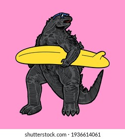 God of monsterssurfing. Japanese dinosaur movie character with a surfboard. Summer sports character