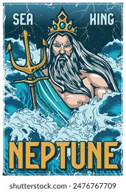 God Neptune vintage sticker colorful with sea king with gray beard and magical trident looking out of waves vector illustration