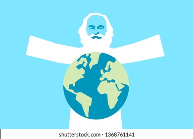 God as old bearded man on the sky - The creator is creating planet Earth. Creationism and creationist religious act from bible. Vector illustration. Graphic pop art style.