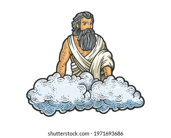 god on the cloud color sketch engraving vector illustration. T-shirt apparel print design. Scratch board imitation. Black and white hand drawn image.