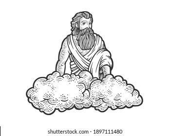 god on the cloud sketch engraving vector illustration. T-shirt apparel print design. Scratch board imitation. Black and white hand drawn image.