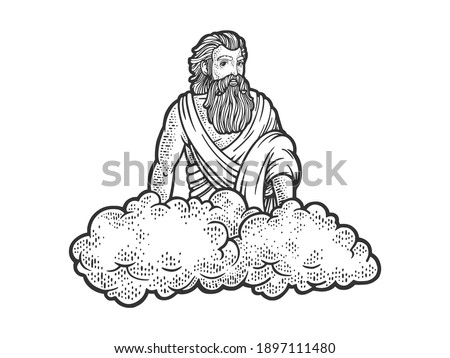 god on the cloud sketch engraving vector illustration. T-shirt apparel print design. Scratch board imitation. Black and white hand drawn image.