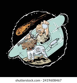 God of pluto and cerberus wearing astronaut suit cartoon illustration