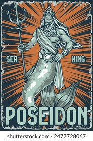 God Poseidon colorful vintage poster with sea king with mermaid tail and trident to fight opponents vector illustration