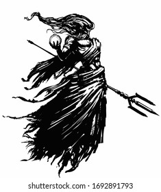 Gott Poseidon in einer zerrissenen Tunika, mit einem mächtigen muskulösen Körper, in seiner rechten Hand hat er eine Kugel, in seiner linken eine Trident .2D Illustration.