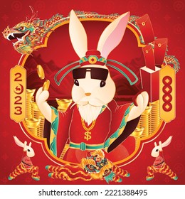 The god of Prosperity (Lu), The chinese lucky god, Happy chinese new year 2023, Year of the Rabbit, Rabbit Illustration. 