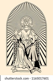 God in radiant rays, sitting on the throne. Medieval Engraving Stylization