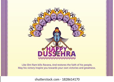 God Rama killing Devil King Ravana using Bow and Arrow. Happy Dussehra Navratri Festival social media banner post with text message.