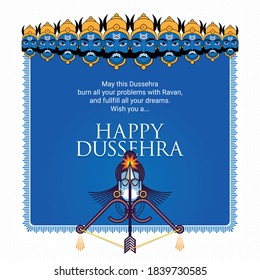 God Rama wearing mask to prevent Coronavirus disease COVID-19 and  killing Devil King Ravana using Bow and Arrow. Happy Dussehra Navratri Festival social media post with text message.