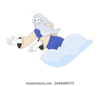 God reaching from clouds 2D cartoon bible character. Heavenly presence. Spiritual being. Divine figure with halo and flowing robes flat vector person isolated on white. Spot illustration colorful