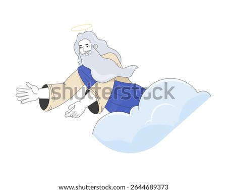 God reaching from clouds 2D cartoon bible character. Heavenly presence. Spiritual being. Divine figure with halo and flowing robes flat vector person isolated on white. Spot illustration colorful