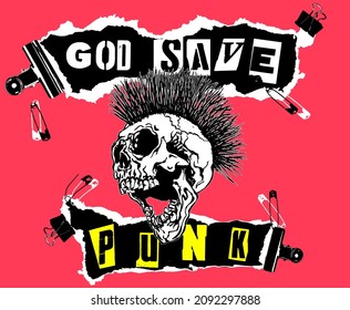 God Save Punk. Screaming skull head with mohawk hair isolated on pink background.