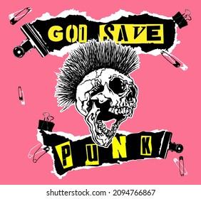 God Save Punk. Screaming skull head with mohawk hair isolated on pink background.