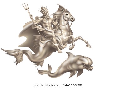 God of the seas Poseidon riding a hippocampus and a dolphin on a white background