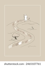 God and Sheep atmospheric concept in flat cartoon design. This illustration embodies minimalism with a beautiful metaphorical image of a shepherd and sheep in muted tones. Vector illustration.
