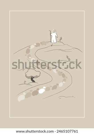 God and Sheep atmospheric concept in flat cartoon design. This illustration embodies minimalism with a beautiful metaphorical image of a shepherd and sheep in muted tones. Vector illustration.