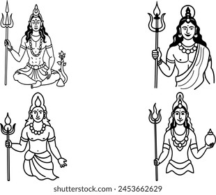 God shiva, festival mythology, flute deity god indian hindu lord Malakal black contour illustrations