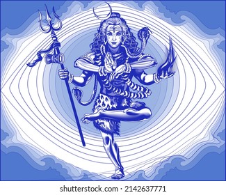 God Shiva. Linear drawing in gradations of blue color.