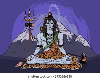 Dios Shiva. Mahadev sentado, adornado con cuentas de rudraksha, con una serpiente en el cuello y un Ganges en la cabeza. Trishula, Damaru, Monte Kailash. Ilustración vectorial moderna para pinturas, afiches, impresiones.