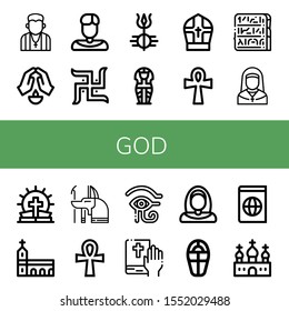 god simple icons set. Contains such icons as Pastor, Prayer, Priest, Swastika, Shiva, Sarcophagus, Pope, Ankh, Egypt, Nun, Bible, Monastery, can be used for web, mobile and logo