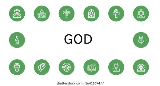 god simple icons set. Contains such icons as Jesus, Temple, Orthodox cross, Stained glass window, Ankh, Nun, Sarcophagus, Prayer, Taoism, can be used for web, mobile and logo
