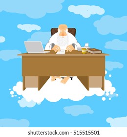 God sitting in office. Almighty of workplace in heaven. Grandfather with beard at work. Holy of desk. Laptop and phone. Cup of coffee and Bible. Boss of paradise. Job table in cloud