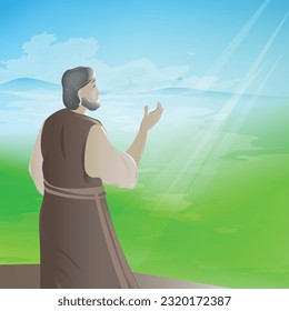 God speaks to Noah. Bible series. Illustration for Bible stories. Noah cartoon character. 