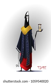 God of time with an hourglass in his hands. The symbol of the inevitability of change for all. Sixth image from set of ten illustration.Vector.Inscriptions on clothes - it's just decor without meanin