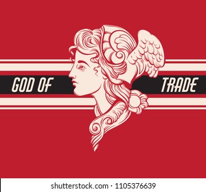 God of trade. Vector hand drawn illustration of Hermes with stripes. Template for card, poster. banner, print for t-shirt, pin, badge, patch.