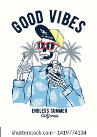 God vibes text with a skeleton holding a cocktail with sun glasses and hat on palm trees background . Vector illustrations for t-shirt prints, posters and other uses. 