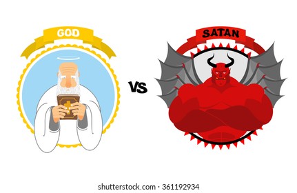 God vs Satan. Good grandfather with white beard and Halo above his head holds Bible. Dreaded Red Devil with horns and wings. Confrontation of well and evil. Avatars for  battle of heaven and hell. 